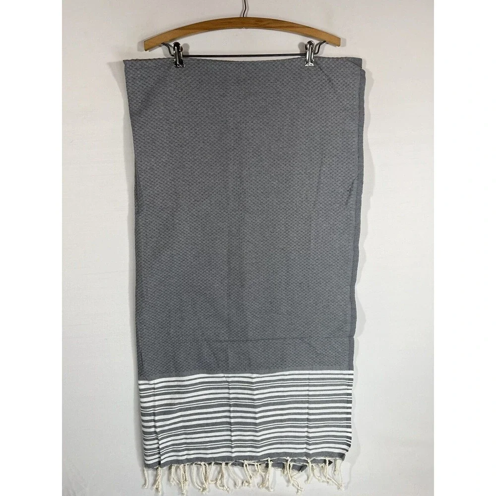 Williams Sonoma Table Runner Gray Stripe Linen Fringe Minimalist Coastal Decor